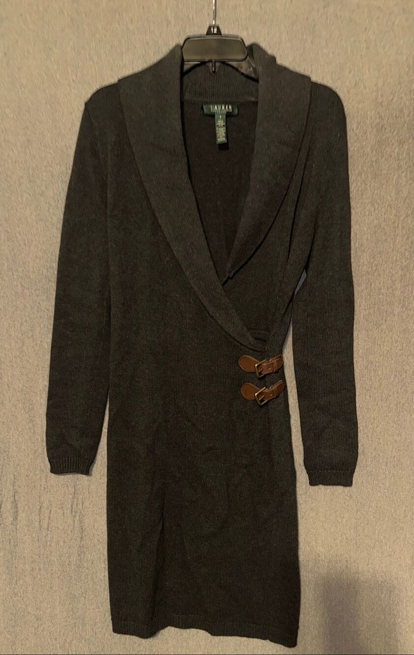 Lauren Ralph LAUREN Sweater Dress small Charcoal Knit cashmere blend Shawl Colla